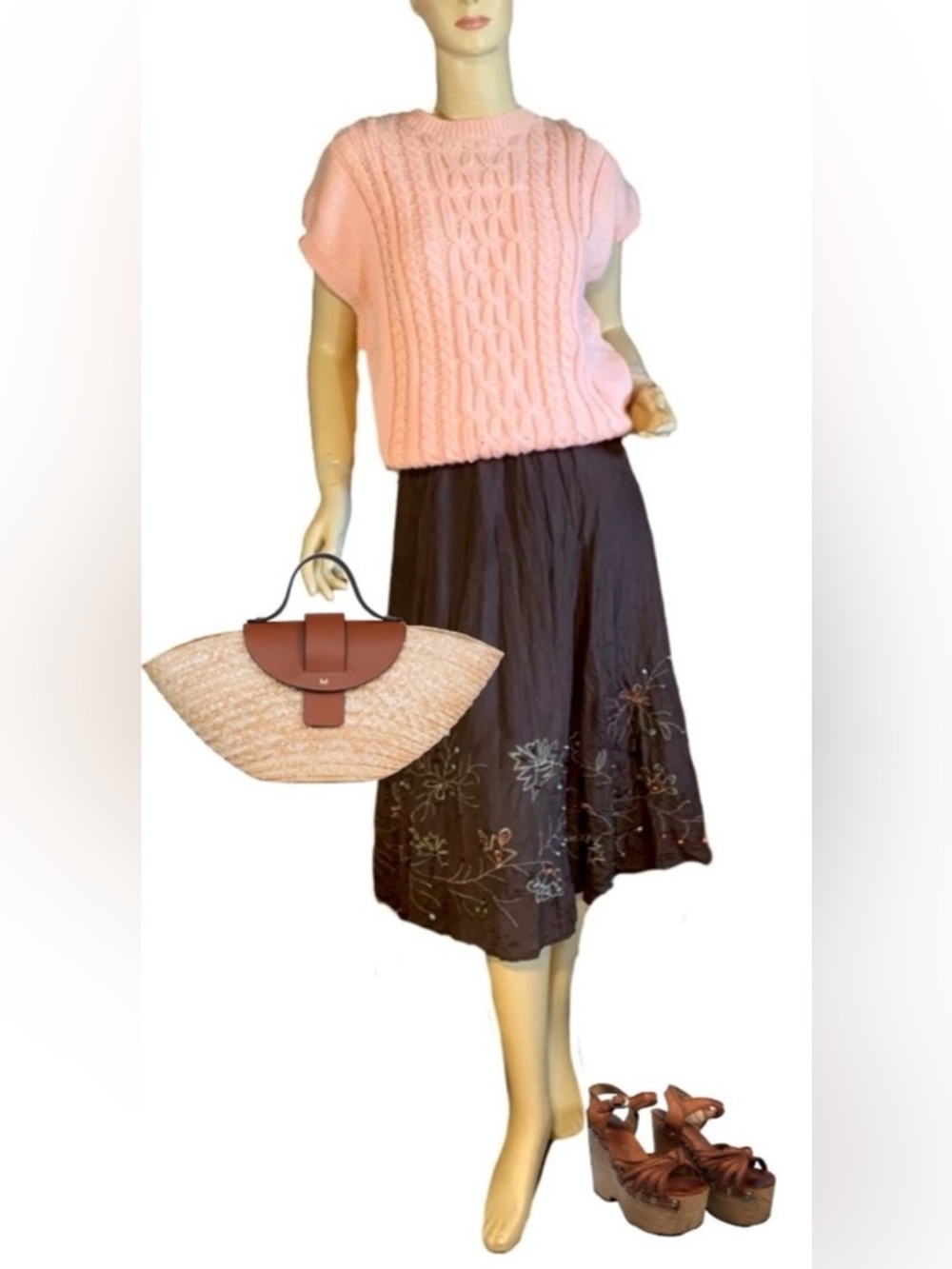 CHICO'S BROWN BEADED FLORAL PRINT SILK MIDI SKIRT (3/XL)